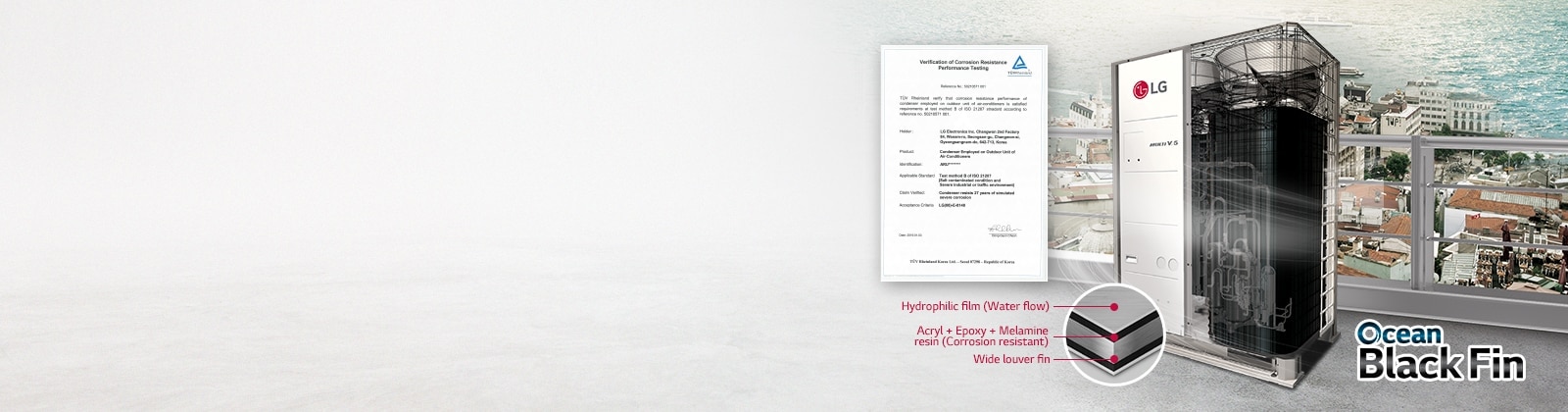 LG 'Ocean Black Fin' heat exchanger shown in a coastal setting, highlighting its corrosion-resistant features.